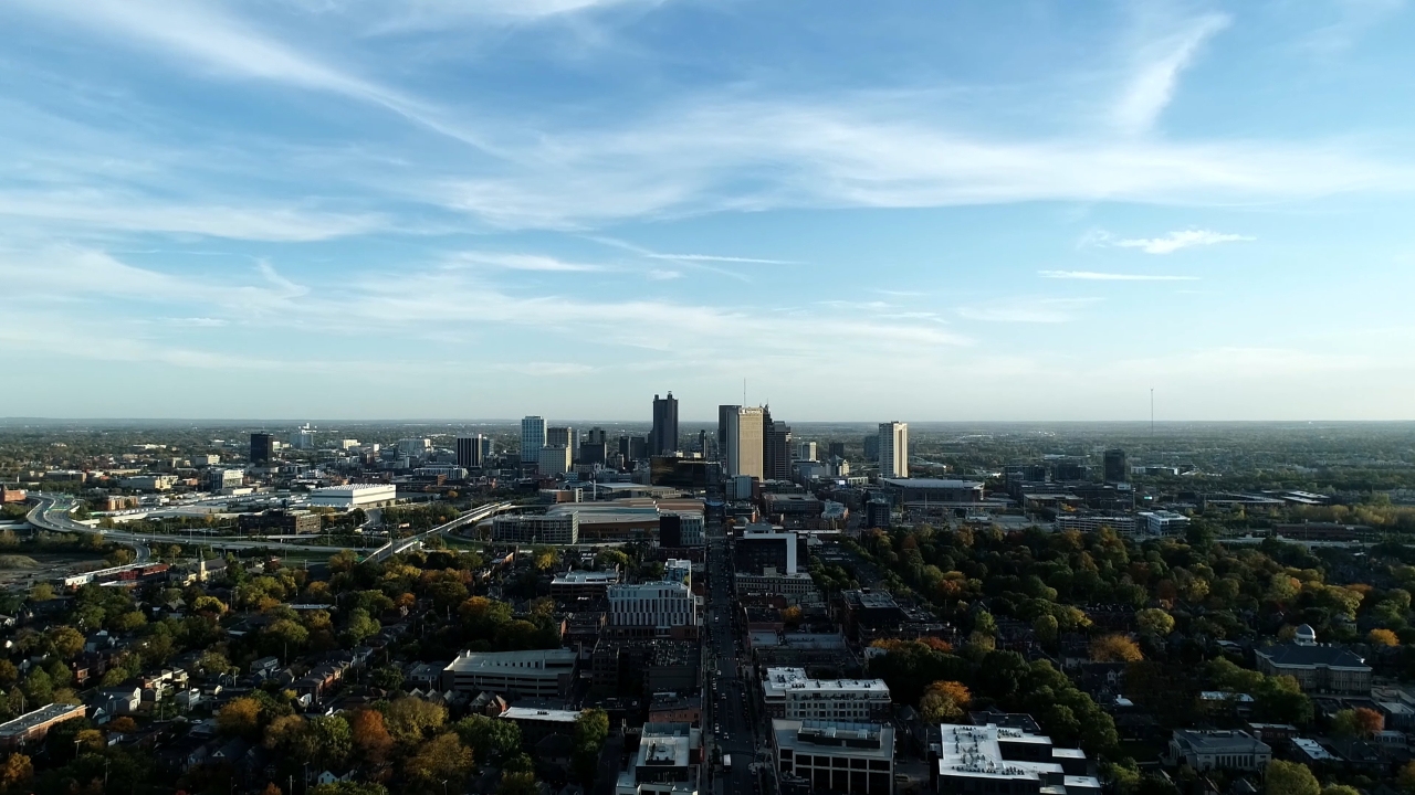 Aerial view of an Ohio city with downtown buildings, roads, and surrounding neighborhoods