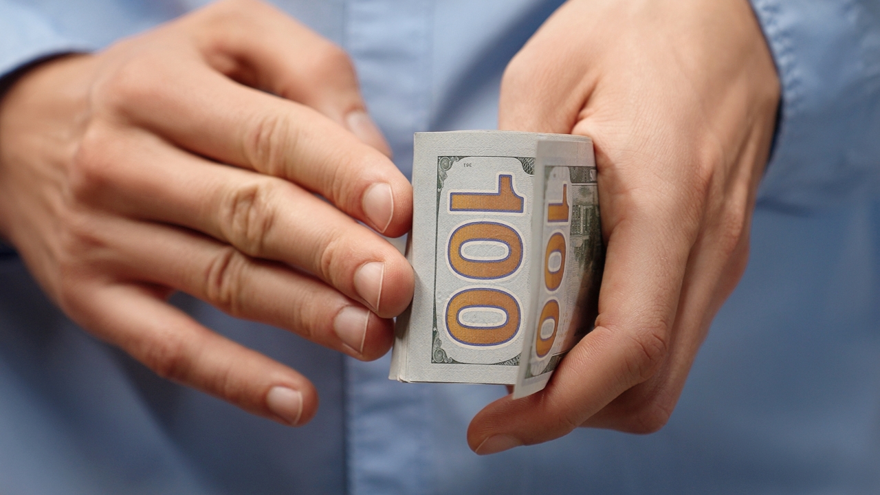 Person holding a stack of US dollar bills representing income and salary levels