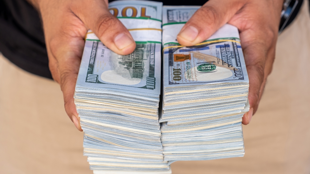 Person holding stacks of US dollar bills showing high income and salary levels
