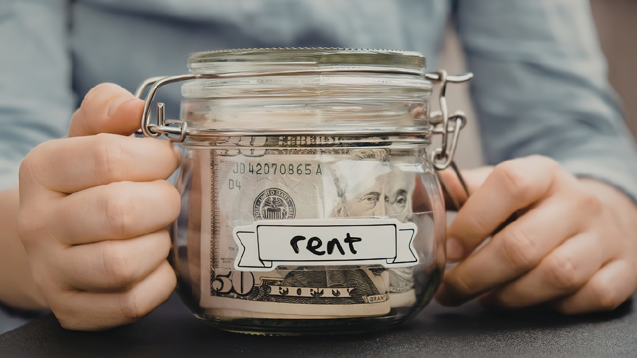 Hands hold a rent jar filled with cash for a renter savings guide