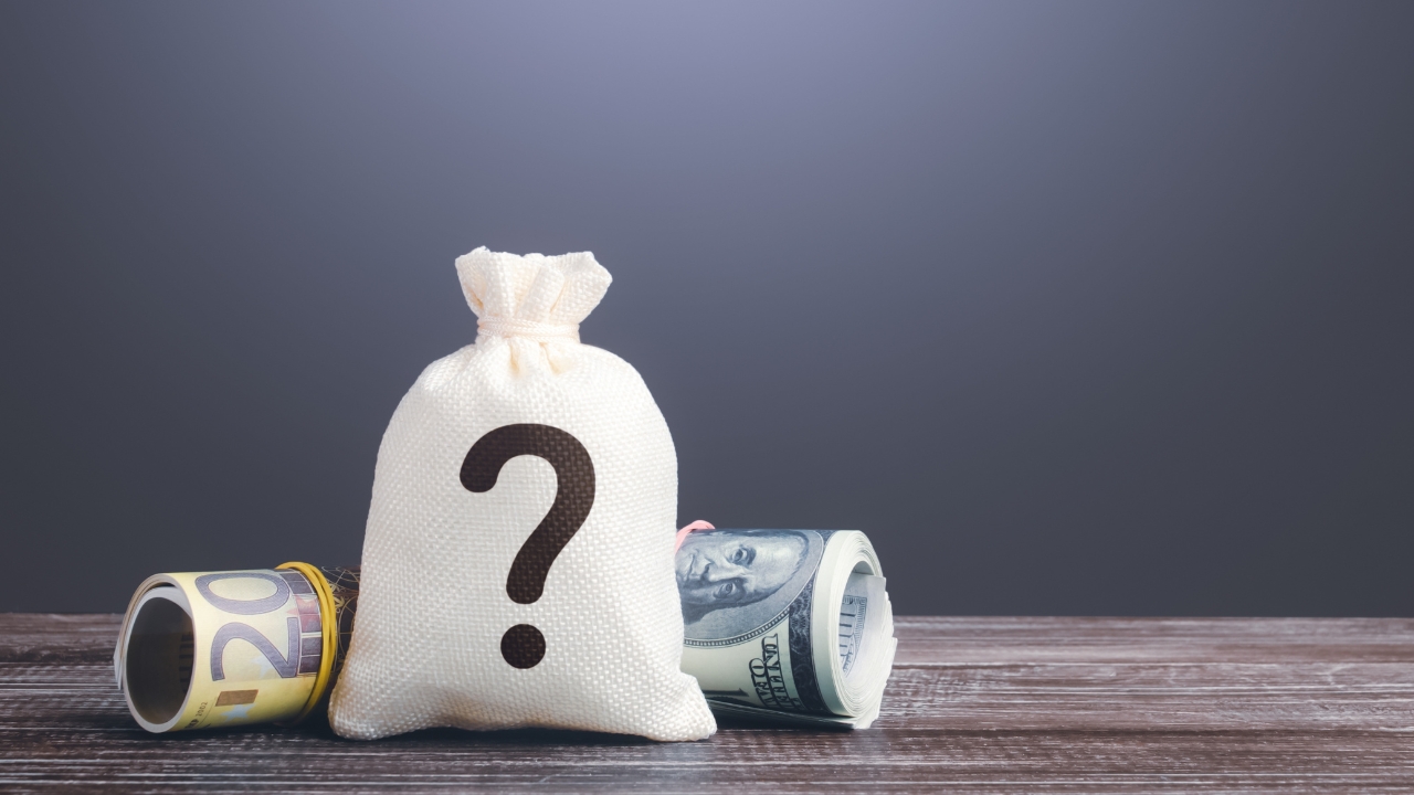 Money bag with a question mark shows the choice between fixed-rate and adjustable mortgage savings